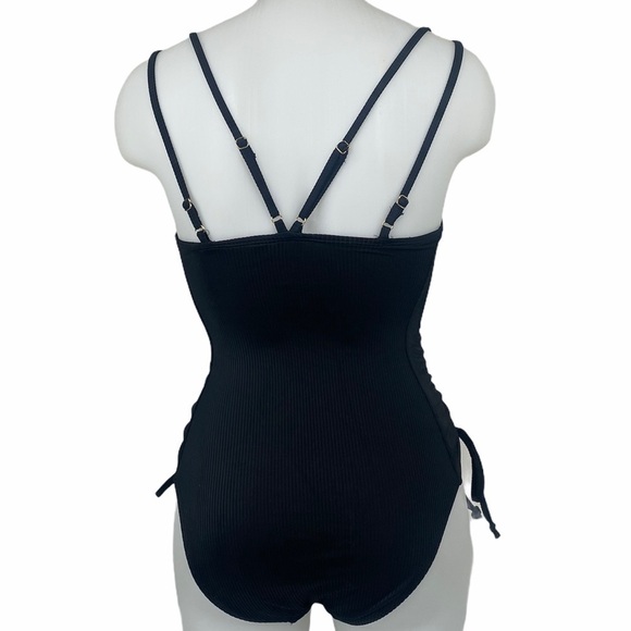 CALIFORNIA Waves Black Ribbed Side Tie Swimsuit - Picture 3 of 10